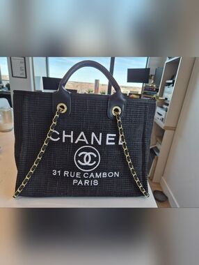 CHANEL Black Tweed Logo Tote with Gold Chain Accents
